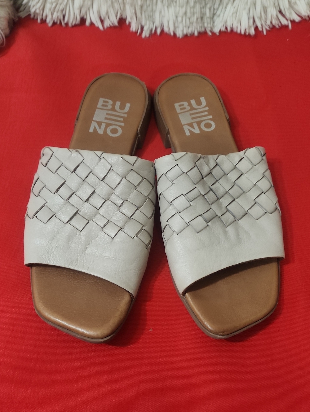 Bueno Cream Woven Leather Slide Mules